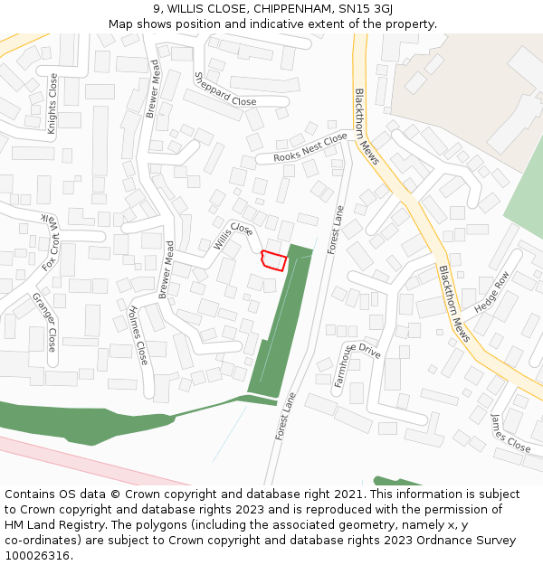 9, WILLIS CLOSE, CHIPPENHAM, SN15 3GJ: Location map and indicative extent of plot
