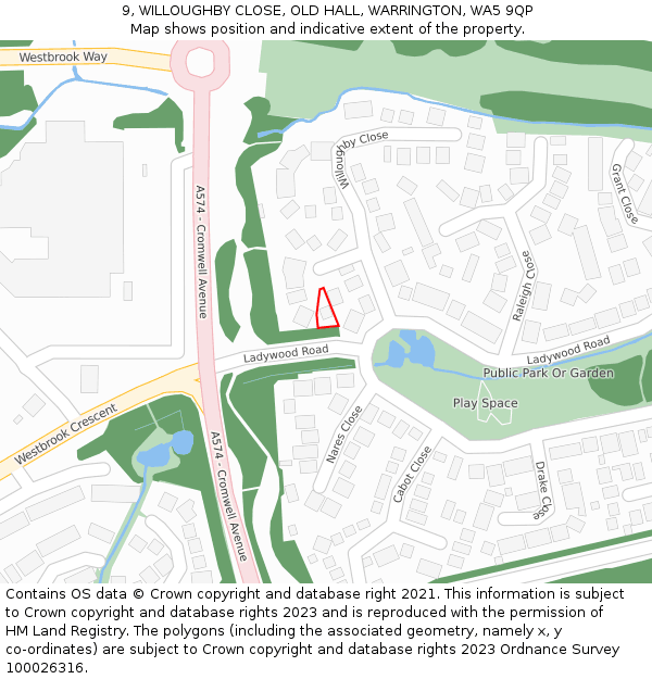 9, WILLOUGHBY CLOSE, OLD HALL, WARRINGTON, WA5 9QP: Location map and indicative extent of plot