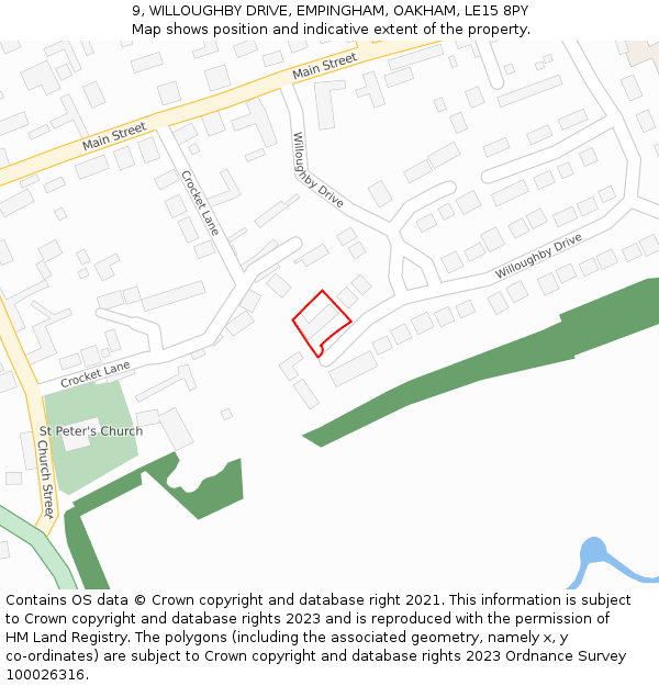 9, WILLOUGHBY DRIVE, EMPINGHAM, OAKHAM, LE15 8PY: Location map and indicative extent of plot
