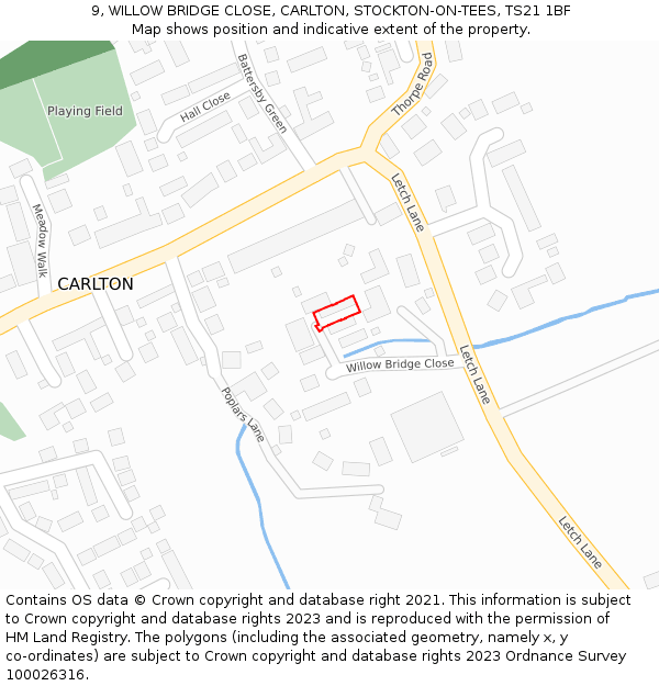 9, WILLOW BRIDGE CLOSE, CARLTON, STOCKTON-ON-TEES, TS21 1BF: Location map and indicative extent of plot
