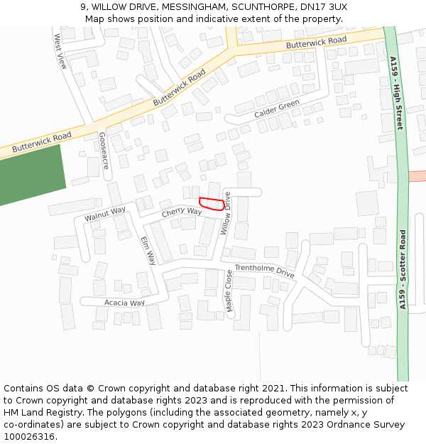 9, WILLOW DRIVE, MESSINGHAM, SCUNTHORPE, DN17 3UX: Location map and indicative extent of plot