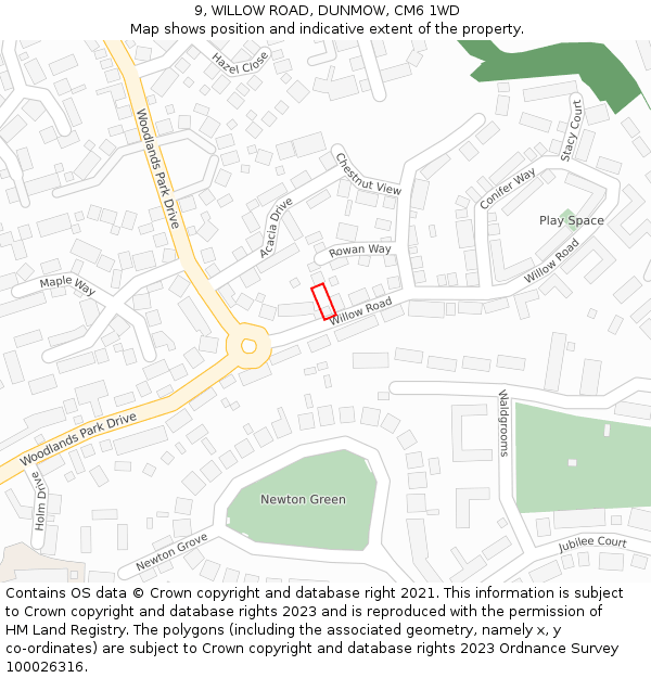 9, WILLOW ROAD, DUNMOW, CM6 1WD: Location map and indicative extent of plot