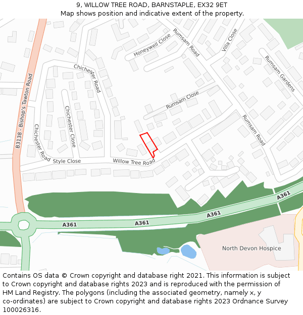 9, WILLOW TREE ROAD, BARNSTAPLE, EX32 9ET: Location map and indicative extent of plot