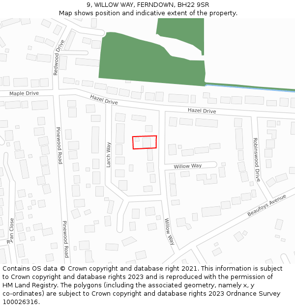 9, WILLOW WAY, FERNDOWN, BH22 9SR: Location map and indicative extent of plot