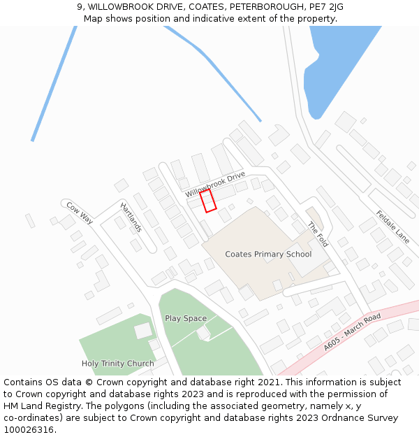 9, WILLOWBROOK DRIVE, COATES, PETERBOROUGH, PE7 2JG: Location map and indicative extent of plot