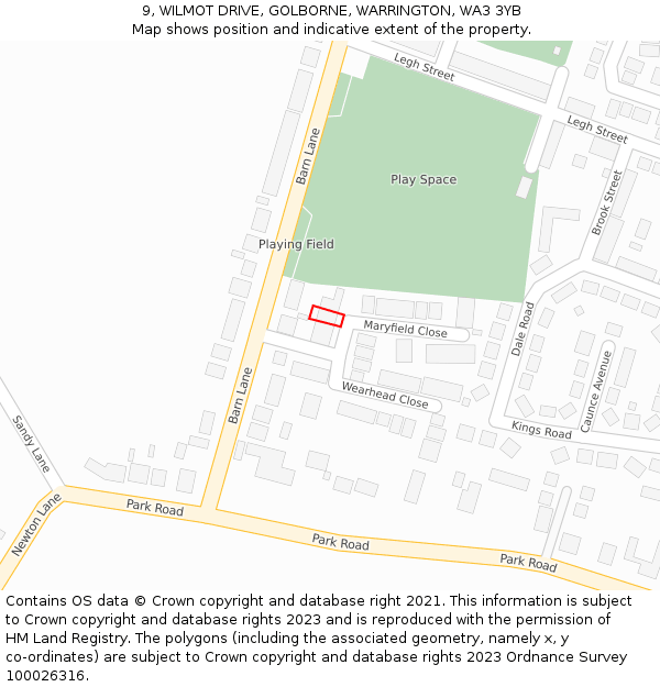 9, WILMOT DRIVE, GOLBORNE, WARRINGTON, WA3 3YB: Location map and indicative extent of plot