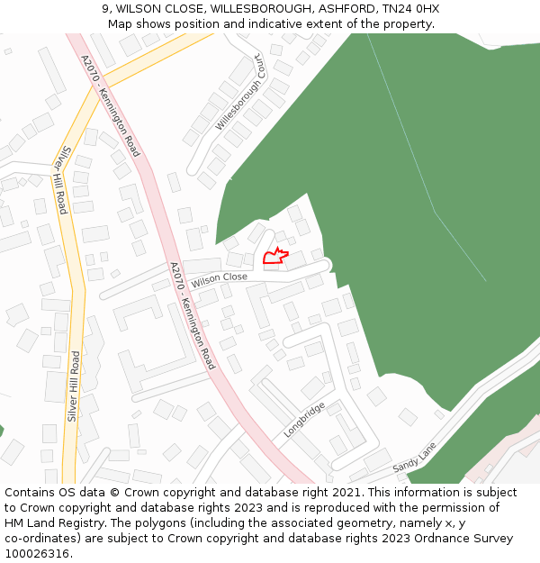 9, WILSON CLOSE, WILLESBOROUGH, ASHFORD, TN24 0HX: Location map and indicative extent of plot