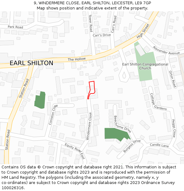 9, WINDERMERE CLOSE, EARL SHILTON, LEICESTER, LE9 7GP: Location map and indicative extent of plot