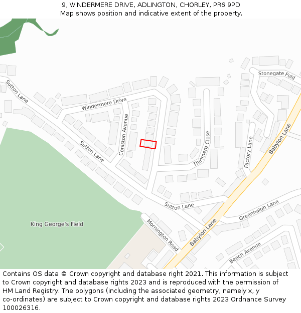 9, WINDERMERE DRIVE, ADLINGTON, CHORLEY, PR6 9PD: Location map and indicative extent of plot