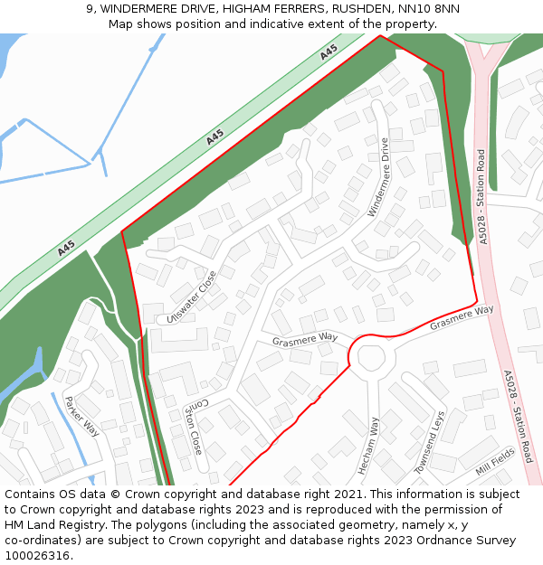 9, WINDERMERE DRIVE, HIGHAM FERRERS, RUSHDEN, NN10 8NN: Location map and indicative extent of plot