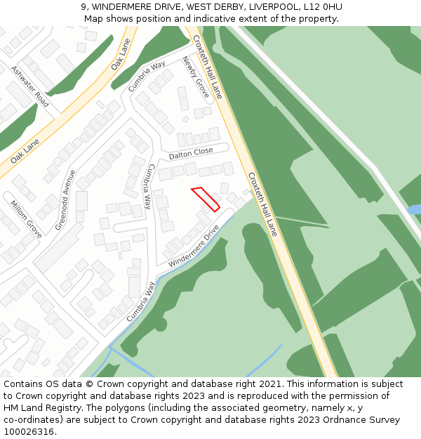 9, WINDERMERE DRIVE, WEST DERBY, LIVERPOOL, L12 0HU: Location map and indicative extent of plot