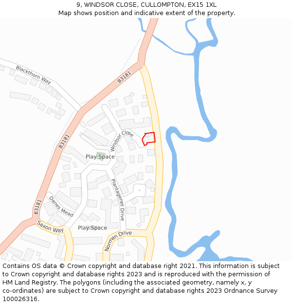 9, WINDSOR CLOSE, CULLOMPTON, EX15 1XL: Location map and indicative extent of plot