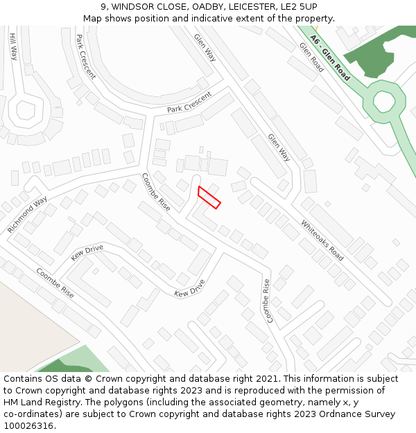 9, WINDSOR CLOSE, OADBY, LEICESTER, LE2 5UP: Location map and indicative extent of plot
