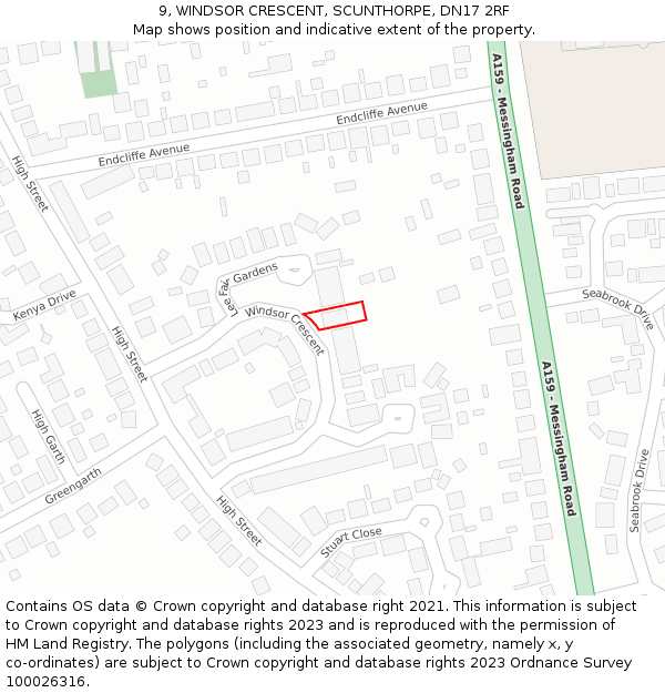 9, WINDSOR CRESCENT, SCUNTHORPE, DN17 2RF: Location map and indicative extent of plot