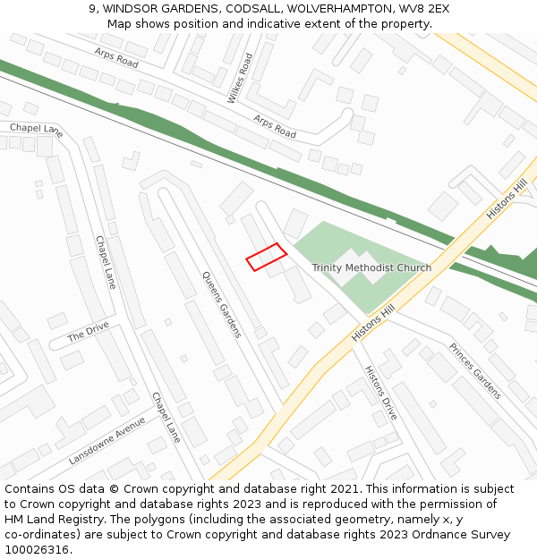 9, WINDSOR GARDENS, CODSALL, WOLVERHAMPTON, WV8 2EX: Location map and indicative extent of plot