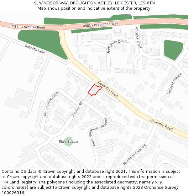 9, WINDSOR WAY, BROUGHTON ASTLEY, LEICESTER, LE9 6TN: Location map and indicative extent of plot
