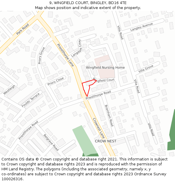 9, WINGFIELD COURT, BINGLEY, BD16 4TE: Location map and indicative extent of plot