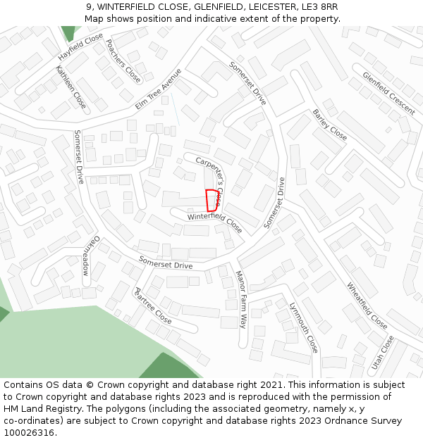 9, WINTERFIELD CLOSE, GLENFIELD, LEICESTER, LE3 8RR: Location map and indicative extent of plot