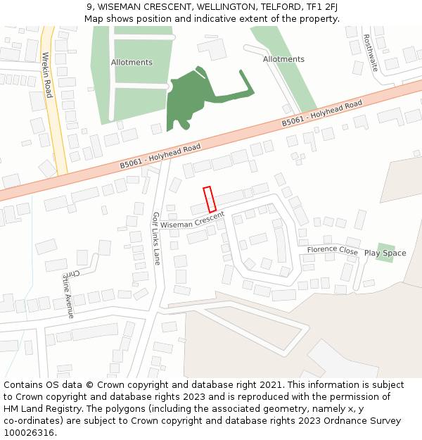 9, WISEMAN CRESCENT, WELLINGTON, TELFORD, TF1 2FJ: Location map and indicative extent of plot