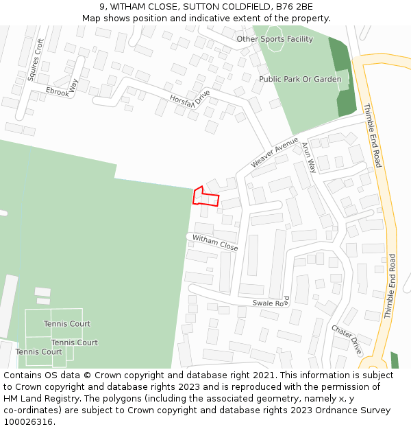 9, WITHAM CLOSE, SUTTON COLDFIELD, B76 2BE: Location map and indicative extent of plot