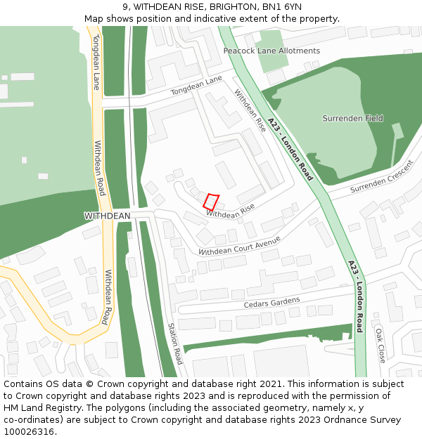 9, WITHDEAN RISE, BRIGHTON, BN1 6YN: Location map and indicative extent of plot