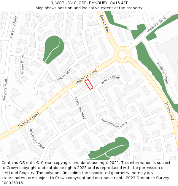 9, WOBURN CLOSE, BANBURY, OX16 4FT: Location map and indicative extent of plot