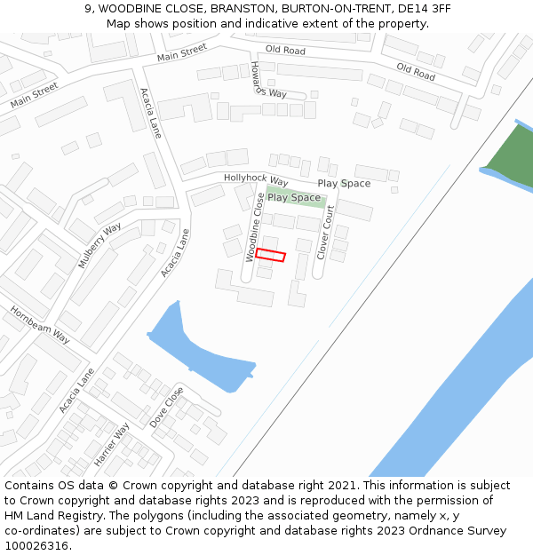 9, WOODBINE CLOSE, BRANSTON, BURTON-ON-TRENT, DE14 3FF: Location map and indicative extent of plot