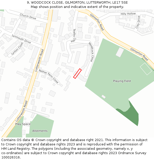 9, WOODCOCK CLOSE, GILMORTON, LUTTERWORTH, LE17 5SE: Location map and indicative extent of plot