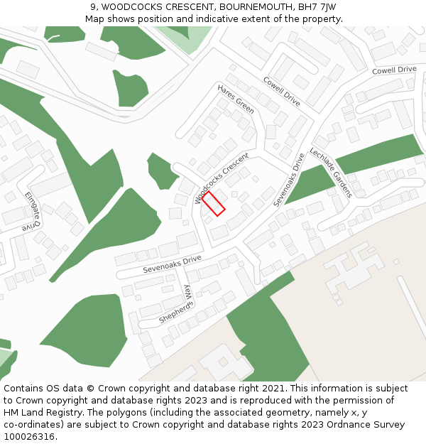 9, WOODCOCKS CRESCENT, BOURNEMOUTH, BH7 7JW: Location map and indicative extent of plot