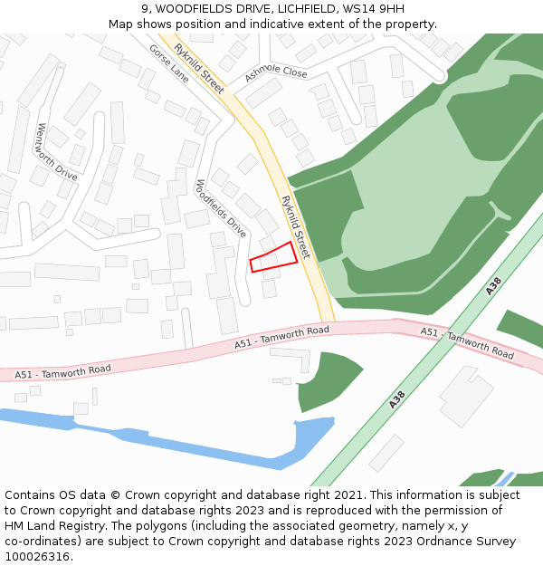 9, WOODFIELDS DRIVE, LICHFIELD, WS14 9HH: Location map and indicative extent of plot