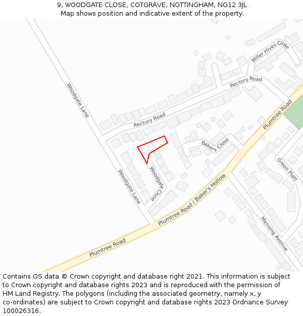 9, WOODGATE CLOSE, COTGRAVE, NOTTINGHAM, NG12 3JL: Location map and indicative extent of plot