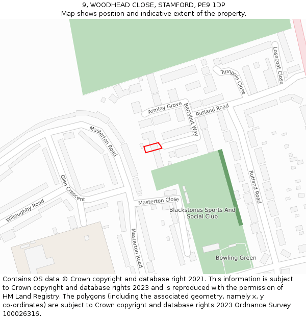 9, WOODHEAD CLOSE, STAMFORD, PE9 1DP: Location map and indicative extent of plot