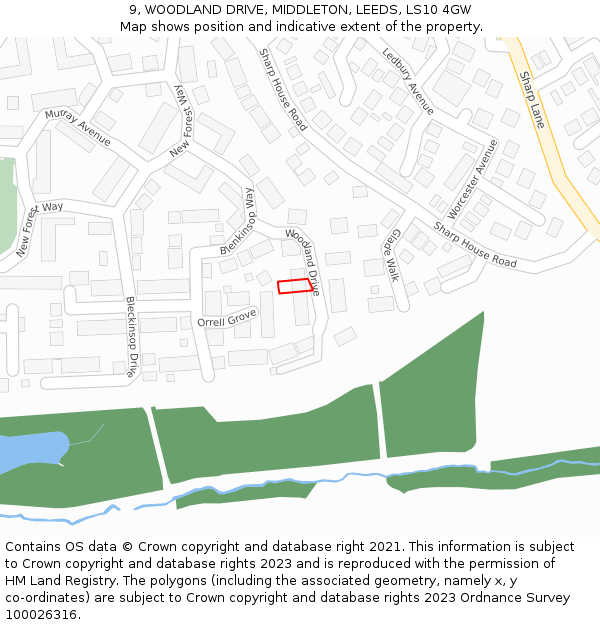 9, WOODLAND DRIVE, MIDDLETON, LEEDS, LS10 4GW: Location map and indicative extent of plot