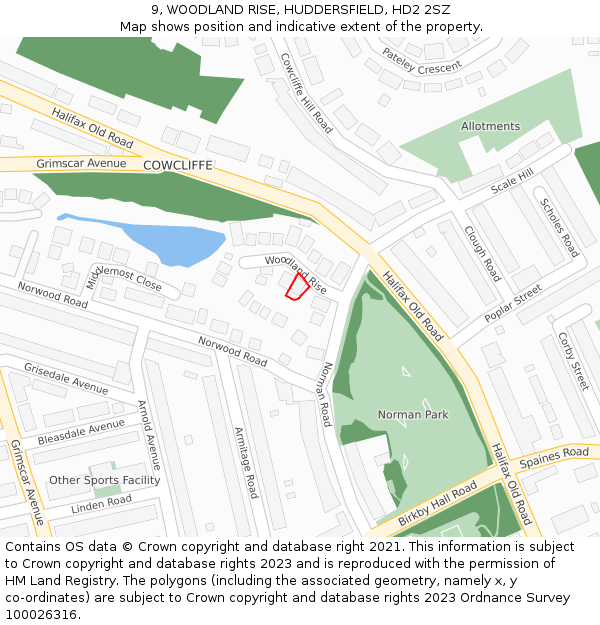 9, WOODLAND RISE, HUDDERSFIELD, HD2 2SZ: Location map and indicative extent of plot