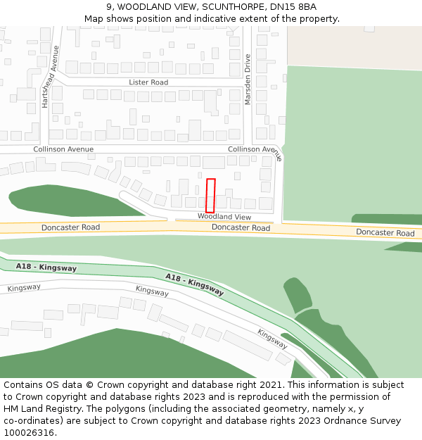 9, WOODLAND VIEW, SCUNTHORPE, DN15 8BA: Location map and indicative extent of plot