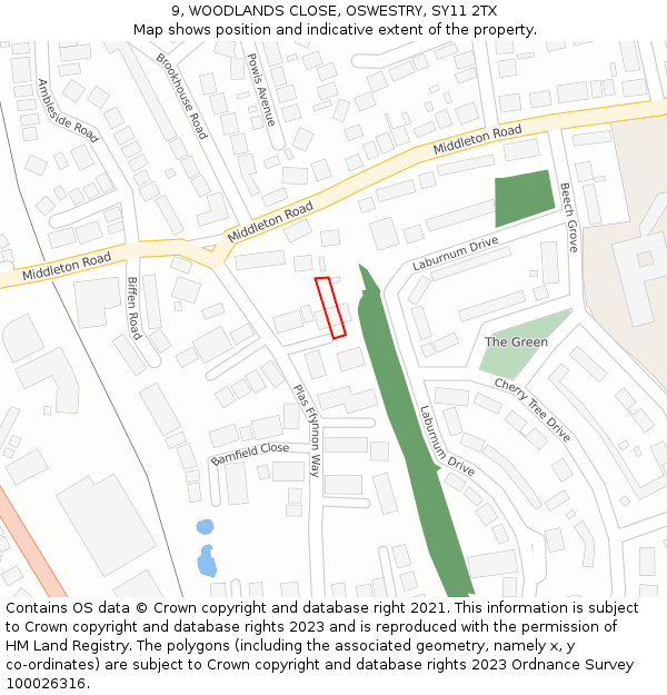 9, WOODLANDS CLOSE, OSWESTRY, SY11 2TX: Location map and indicative extent of plot