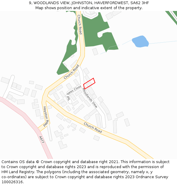 9, WOODLANDS VIEW, JOHNSTON, HAVERFORDWEST, SA62 3HF: Location map and indicative extent of plot