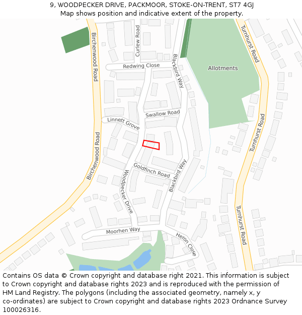 9, WOODPECKER DRIVE, PACKMOOR, STOKE-ON-TRENT, ST7 4GJ: Location map and indicative extent of plot
