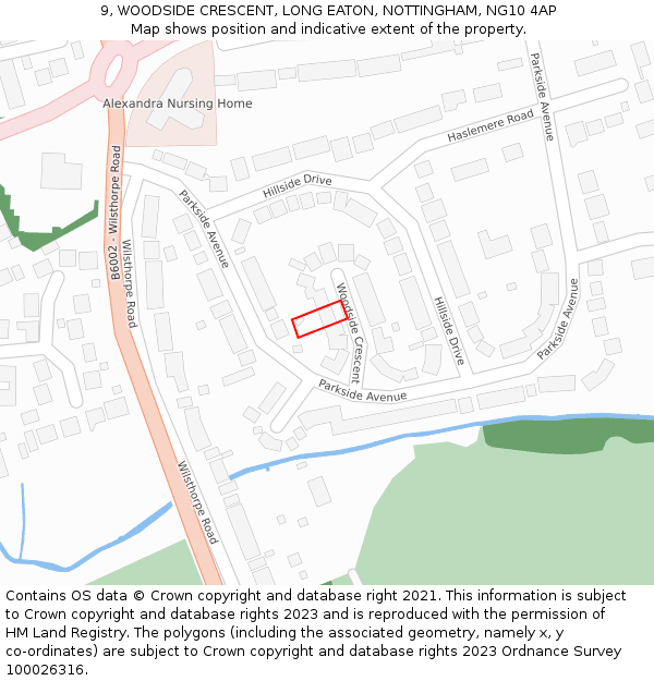 9, WOODSIDE CRESCENT, LONG EATON, NOTTINGHAM, NG10 4AP: Location map and indicative extent of plot