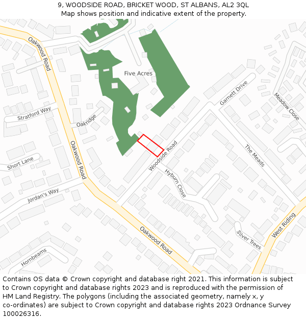 9, WOODSIDE ROAD, BRICKET WOOD, ST ALBANS, AL2 3QL: Location map and indicative extent of plot