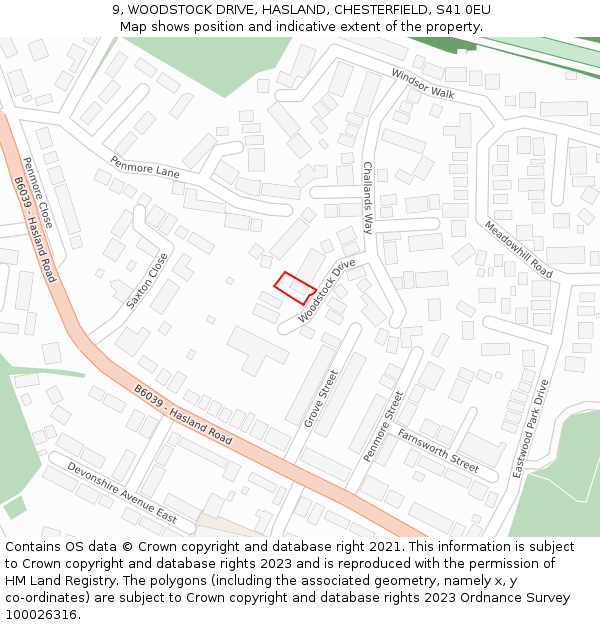 9, WOODSTOCK DRIVE, HASLAND, CHESTERFIELD, S41 0EU: Location map and indicative extent of plot