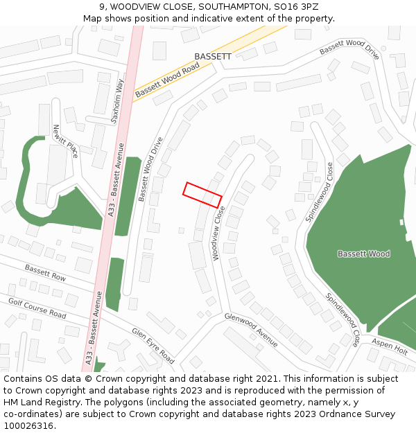 9, WOODVIEW CLOSE, SOUTHAMPTON, SO16 3PZ: Location map and indicative extent of plot