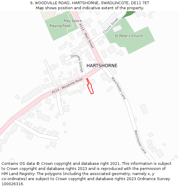 9, WOODVILLE ROAD, HARTSHORNE, SWADLINCOTE, DE11 7ET: Location map and indicative extent of plot