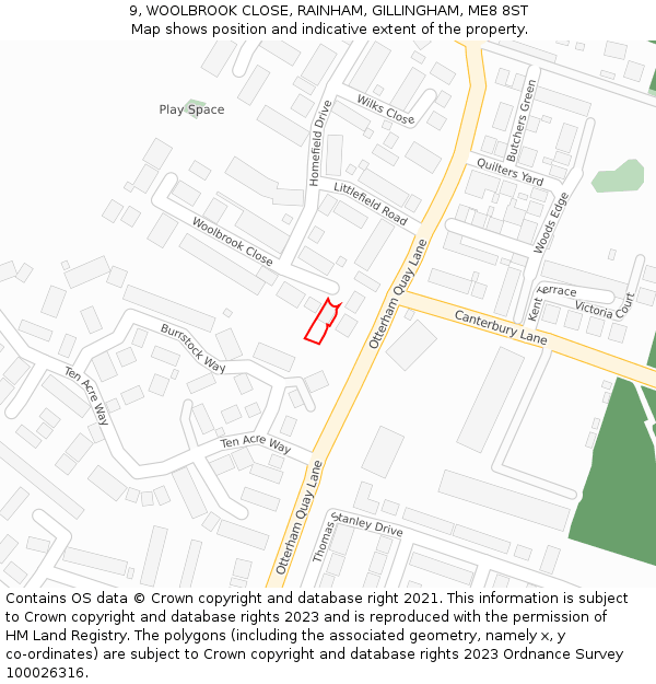 9, WOOLBROOK CLOSE, RAINHAM, GILLINGHAM, ME8 8ST: Location map and indicative extent of plot