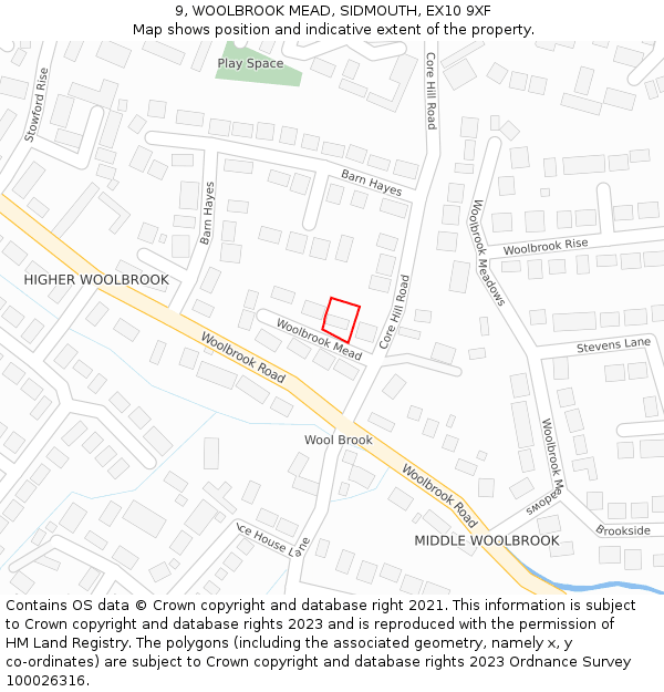 9, WOOLBROOK MEAD, SIDMOUTH, EX10 9XF: Location map and indicative extent of plot