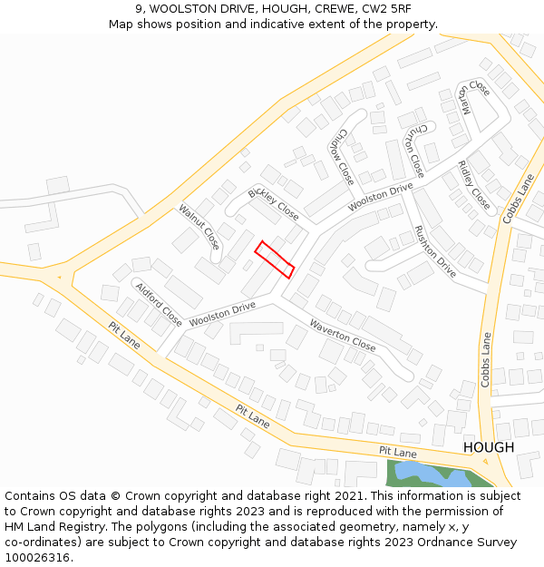 9, WOOLSTON DRIVE, HOUGH, CREWE, CW2 5RF: Location map and indicative extent of plot