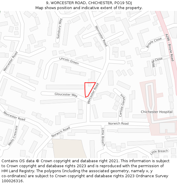 9, WORCESTER ROAD, CHICHESTER, PO19 5DJ: Location map and indicative extent of plot