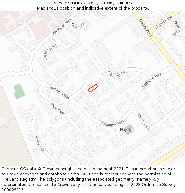 9, WRAYSBURY CLOSE, LUTON, LU4 9FS: Location map and indicative extent of plot
