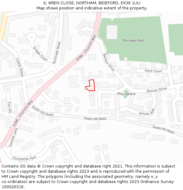 9, WREN CLOSE, NORTHAM, BIDEFORD, EX39 1UU: Location map and indicative extent of plot