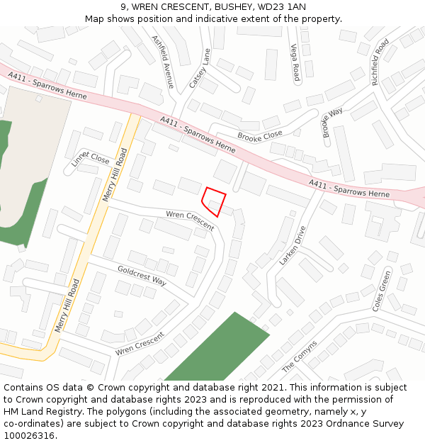 9, WREN CRESCENT, BUSHEY, WD23 1AN: Location map and indicative extent of plot